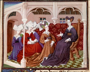 Dronning Iseut (eller Iseult) taler med sine miniature-kammerater fra "" Romance of the Knight Tristan"" af Master Charles of Maine 1440-1460. Chantilly, Conde Museum