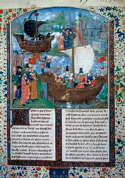 Tristan og Iseult (Isolde eller Yseult) forlader Irland, Tristan drikker kærlighedsfilteret. Inderst inde bliver deres to lig bragt tilbage til Irland. Miniature fra manuskript frk. 103 f.1 Romanen om Tristan”” tilskrevet mesteren Charles af Maine. 15. årh
