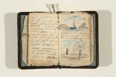 Historiens begyndelse "Der var engang en lille pige, og hun hed Ane, ca. 1828 (pen & blæk og akvarel på papir)