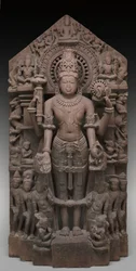 Vishnu og ledsagere, ca. 1026 AD (sandsten)