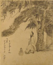 Forberedelse af eliksiren under en fyrretræ, Qing-dynasti, 1651 (blæk på guldpapir)