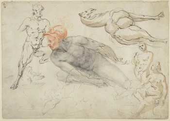 Studier af mandlige og kvindelige nøgenbilleder, en satyr og en kamel (recto); statue af Marcus Aurelius (verso)