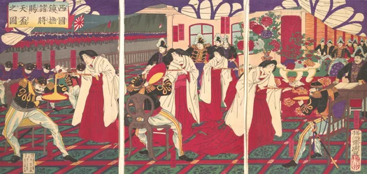 Illustration af kommandanterne, der pacificerede det vestlige Japan, modtog kejserens G..., juli 1877.