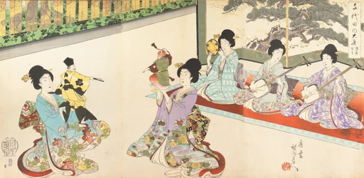 Ladies in Waiting of the Chiyoda Castle: Sword Practice and Puppet Kyogen, 1895., 1895.