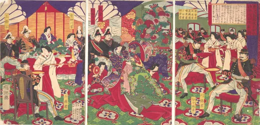 Lederne af pacificeringen af Kagoshima-oprørerne fejrer med bægre ..., 20. september 1877.
