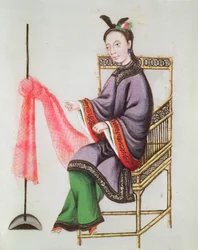 En kinesisk kvinde laver et fiskenet, Qianlong-perioden (1736-96) (gouache på papir)