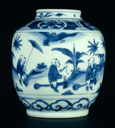 Blå og hvid krukke malet med drenge i leg på hobbyheste, Wanli eller Chongzheng, 1600-30 (porcelæn) (se 206093, 206095, 206096)