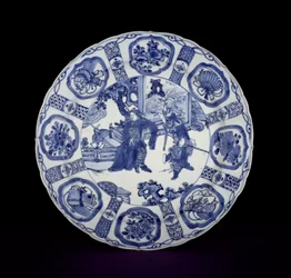 Blåt og hvidt kraakfad malet med krigere, Wanli, 1590-1610 (porcelæn)