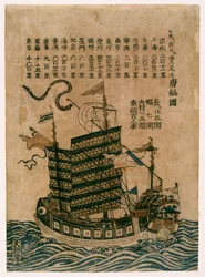 Kinesisk skib (Tosen Zu) med oversigt over søruten fra Kina til Japan, ca. 1850 (farvet træbloktryk)