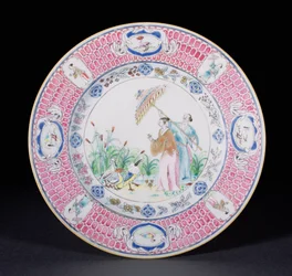 Middagstallerken malet i Famille Rose forestillende La Dame au Parasol, efter et design af Cornelis Pronk (1691-1759) Qianlong periode (1736-95) c.1734 (porcelæn)