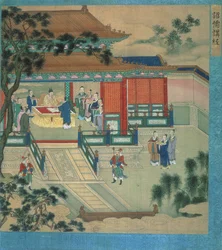 Kejser Hsien Ti (fl.189-220) med lærde, der oversætter klassiske tekster fra en historie med kinesiske kejsere (farve på silke)