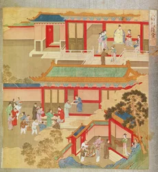 Kejser Hsuan Tsung (712-756 e.Kr.) derhjemme, fra en historie med kinesiske kejsere (farve på silke)