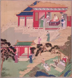 Kejser Tai Tsung (r.762-779) læser en lægebog fra en historie med kinesiske kejsere (farve på silke)