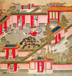 Kejser Wu Ti (156-87, r.141-87 f.Kr.), forlader sit palads, fra en historie med kinesiske kejsere (farve på silke)