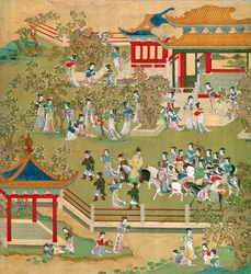 Kejser Yang Ti (581-618) slentrer i sine haver med sine koner, fra en historie med kinesiske kejsere (farve på silke) (se også 176855)