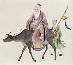Lao-Tzu (ca. 604-531) på sin bøffel, efterfulgt af en discipel (wc på papir)