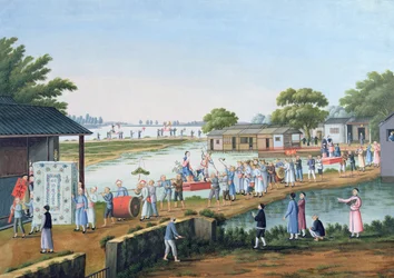 Procession under en festival i Kina, der fejrer en god høst (wc på papir)