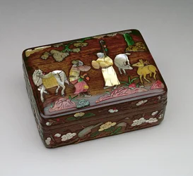 Rektangulær tzu-tan boks, der forestiller en kejserlig budbringer, der er kommet for at få frigivelsen af Su Wu, lavet af Chou-familiens værksted, midt i slutningen af Ming-dynastiet 1368-1644 (træ med pa-pao-indlæg)