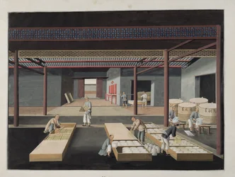 Kasserne og pakningen af skåle og fade, plade 12 i en serie på tolv, der viser processen med kinesisk porcelænsfremstilling, 1800-tallet