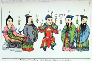 Ånderne fra de fem planeter, Merkur, Venus, Mars, Jupiter og Saturn, gengivet i Recherche sur les supersitions en Chine af Fader Henri Dore og udgivet i 1911