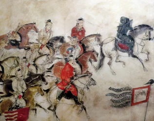 Prins Zhanghuais grav, jagtscene med heste, Xian, Han-perioden, 706 (vægmaleri)