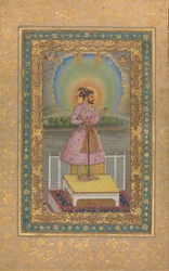 Shah Jahan på en terrasse, holder et vedhæng med sit portræt, folio..., 1627-28.