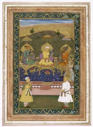 Kejserne Akbar, Jahangir og Shah Jahan med deres ministre og prins Dara Shikoh, ca. 1630-40