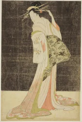 Et udvalg af skønhed fra Pleasure Quarters (Seiro bijin awase): Courtesaner hyret til nytårsferien - Takigawa of the Ogiya, ca. 1794 (farvet træbloktryk; oban)