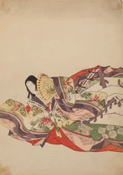 Siddende hofdame, lænet frem med en vifte, plansche fra albummet: Nishiki-zuri onna sanju rokkasen e-zukushi