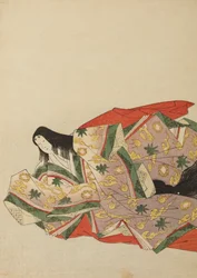Hofdame siddende i en lysviolet dragt med grønt og gult mønster, plansche fra albummet: Nishiki-zuri onna sanju rokkasen e-zukushi