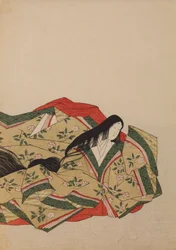 Hofdame siddende i en olivengrå dragt med kirsebærblomstermotiv, plansche fra albummet: Nishiki-zuri onna sanju rokkasen e-zukushi