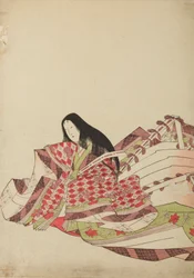Siddende hofdame i en dragt med hvide og røde ruder, plansche fra albummet: Nishiki-zuri onna sanju rokkasen e-zukushi
