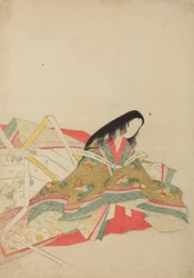 En hofdame siddende i en kjole med mønster af hoo-fugle, illustration fra albummet: Nishiki-zuri onna sanju rokkasen e-zukushi