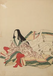 Siddende hofdame, støttet til en kyōsoku, planche fra albummet: Seksogtredive digterinder / Illustreret samling af seksogtredive digterinder i brokadetryk