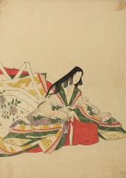 Siddende hofdame, støttet til en vifte, blad fra albummet: Nishiki-zuri onna sanju rokkasen e-zukushi