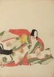 Siddende hofdame med en gul vifte, plansche fra albummet: Nishiki-zuri onna sanju rokkasen e-zukushi