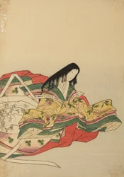 Siddende hofdame, vendt mod højre, planche fra albummet: Nishiki-zuri onna sanju rokkasen e-zukushi