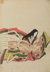 Siddende hofdame, vendt mod højre, plansche fra albummet: Seksogtredive digterinder / Nishiki-zuri onna sanju e-zukushi