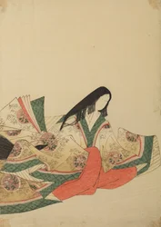 En siddende hofdame, vendt mod højre, iført en kjole med medaljonmønster, illustration fra albummet: Nishiki-zuri onna sanju rokkasen e-zukushi