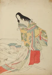 Stående hofdame med vifte, tavle fra albummet: Nishiki-zuri onna sanju e-zukushi