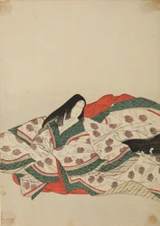 Hoffrue i hvid kimono med et mønster af ællinger på vandet, tavle fra albummet: Nishiki-zuri onna sanju rokkasen e-zukushi