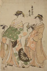 Oiran Katsugano fra huset Kadotama-ya med en ledsager og to kamuro