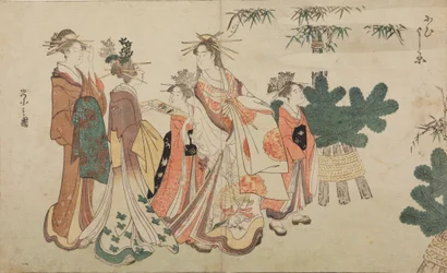 Oiran under en nytårsspadseretur, omgivet af to shinzo og to kamuro