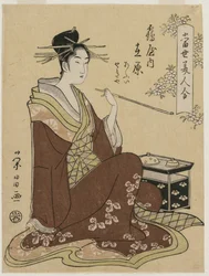 Courtesan Ariwara fra Tsuruya sidder ved en rygerkiste (fra serien A Collection of Modern Beautys)