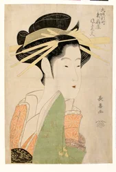 Portrait de la courtisane Tsukasa Dayu af Higashi Ogiya i Osakas Shinmachi-distrikt - farve linosnit af Eishosa