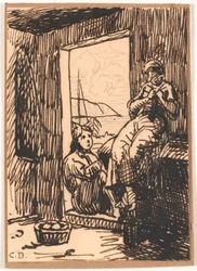 Pige og fiskerdrene i åben dør