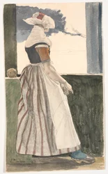 Ung strikkende pige i Sallingdragt, ser ud af et vindue