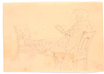 Hans Peter Købke liegend auf zwei Stühlen, lesend.