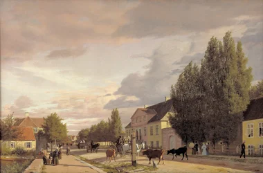 Udsigt over en Gade på Østerbro uden for København. Morgenlys, 1836