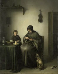En kvinde skærer brød, ca. 1800-1823 (olie på panel)